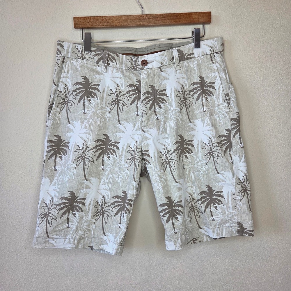 Tommy Bahama Mens Khaki Palm Tree Print Shorts Size 35 Tropical Cotton Stretch